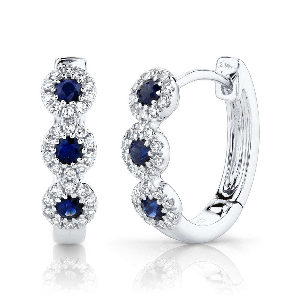 Shy Creation 14k Gold White 0.15Ct Diamond & 0.30Ct Blue Sapphire Huggie Earring