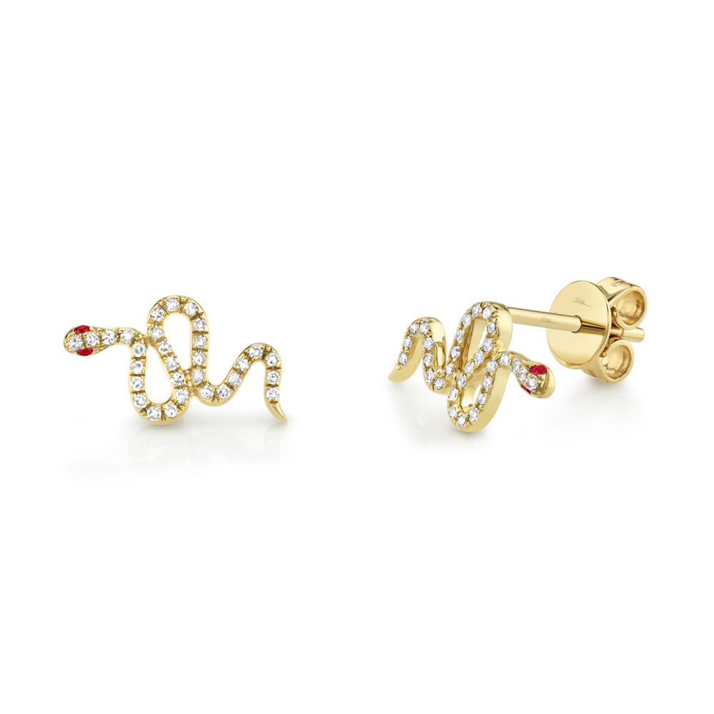 Shy Creation 14k Gold Yellow 0.13Ct Diamond & 0.03Ct Ruby Snake Stud Earring