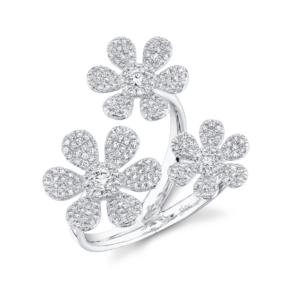 Shy Creation 14k Gold White 0.62Ct Diamond Flower Ring