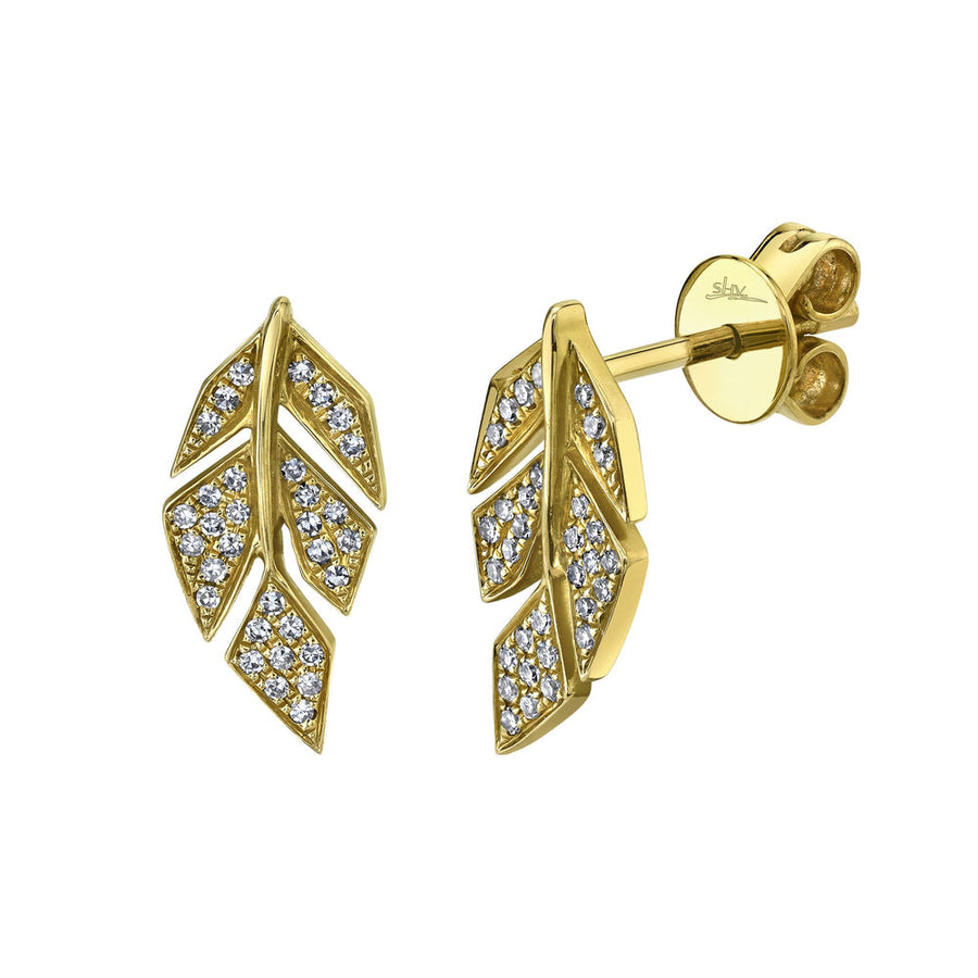 Shy Creation 14k Gold Yellow 0.14Ct Diamond Pave Leaf Stud Earring