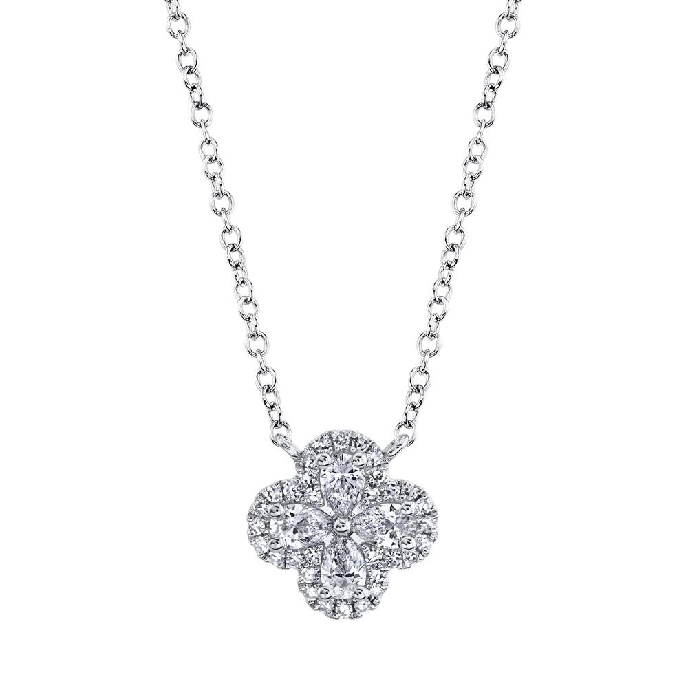 Shy Creation 14k Gold White 0.41Ct Diamond Clover Necklace