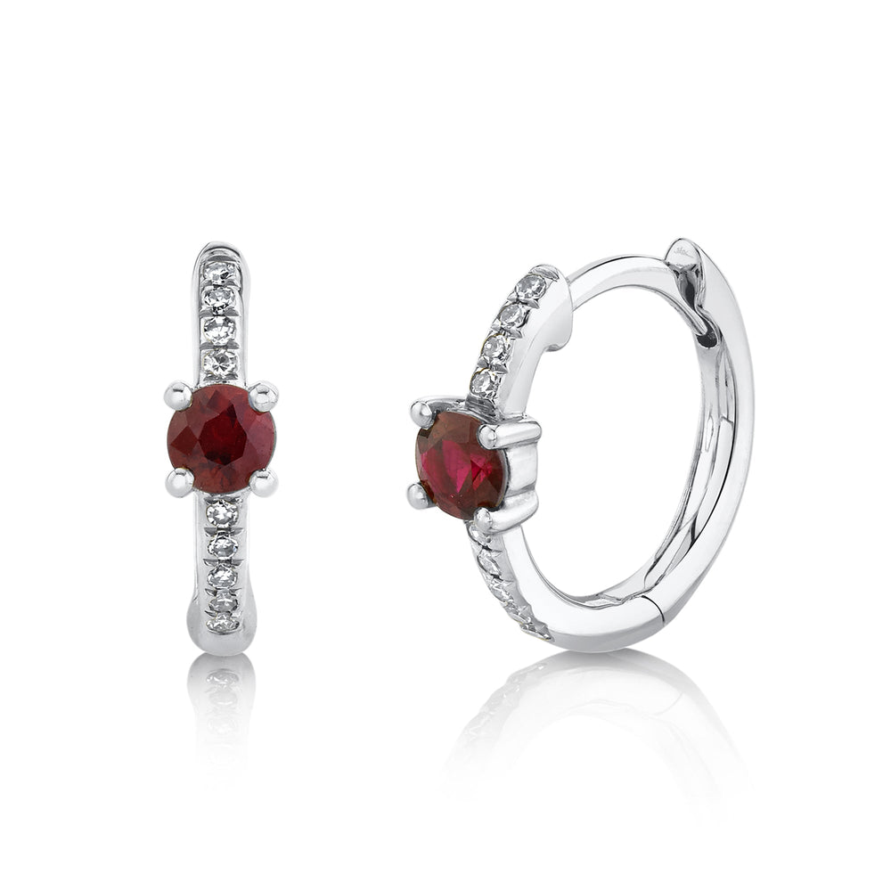 Shy Creation 14k Gold White 0.06Ct Diamond & 0.29Ct Ruby Huggie Earring