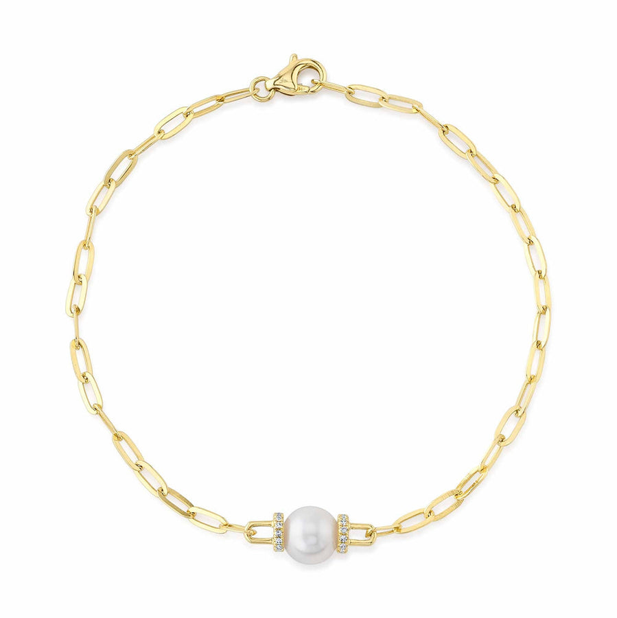 Shy Creation 14k Gold Yellow 0.07Ct Diamond & Cultured Pearl Paper Clip Link Bracelet