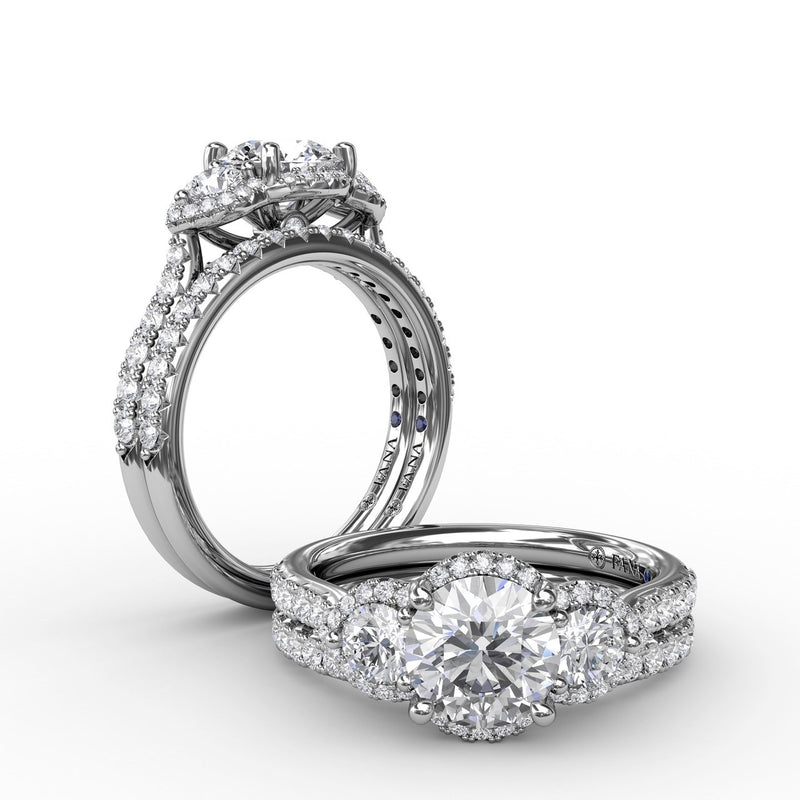 Fana Three-Stone Round Diamond Halo Engagement Ring