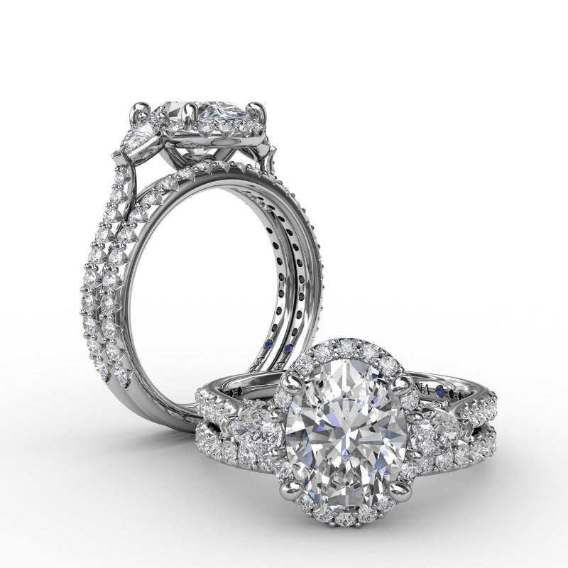 Fana Oval Diamond Halo Engagement Ring With Pear-Shape Diamond Side Stones