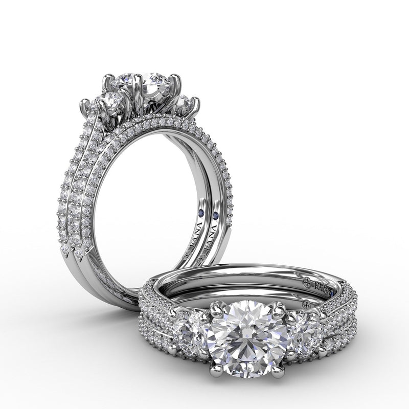 Fana Classic Three-Stone Round Diamond Engagement Ring With Pave Band