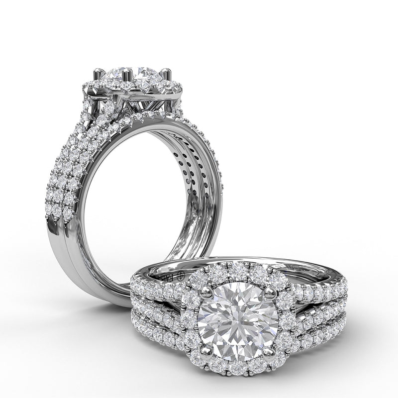 Fana Cushion Halo Engagement Ring with a Diamond Encrusted Split Band