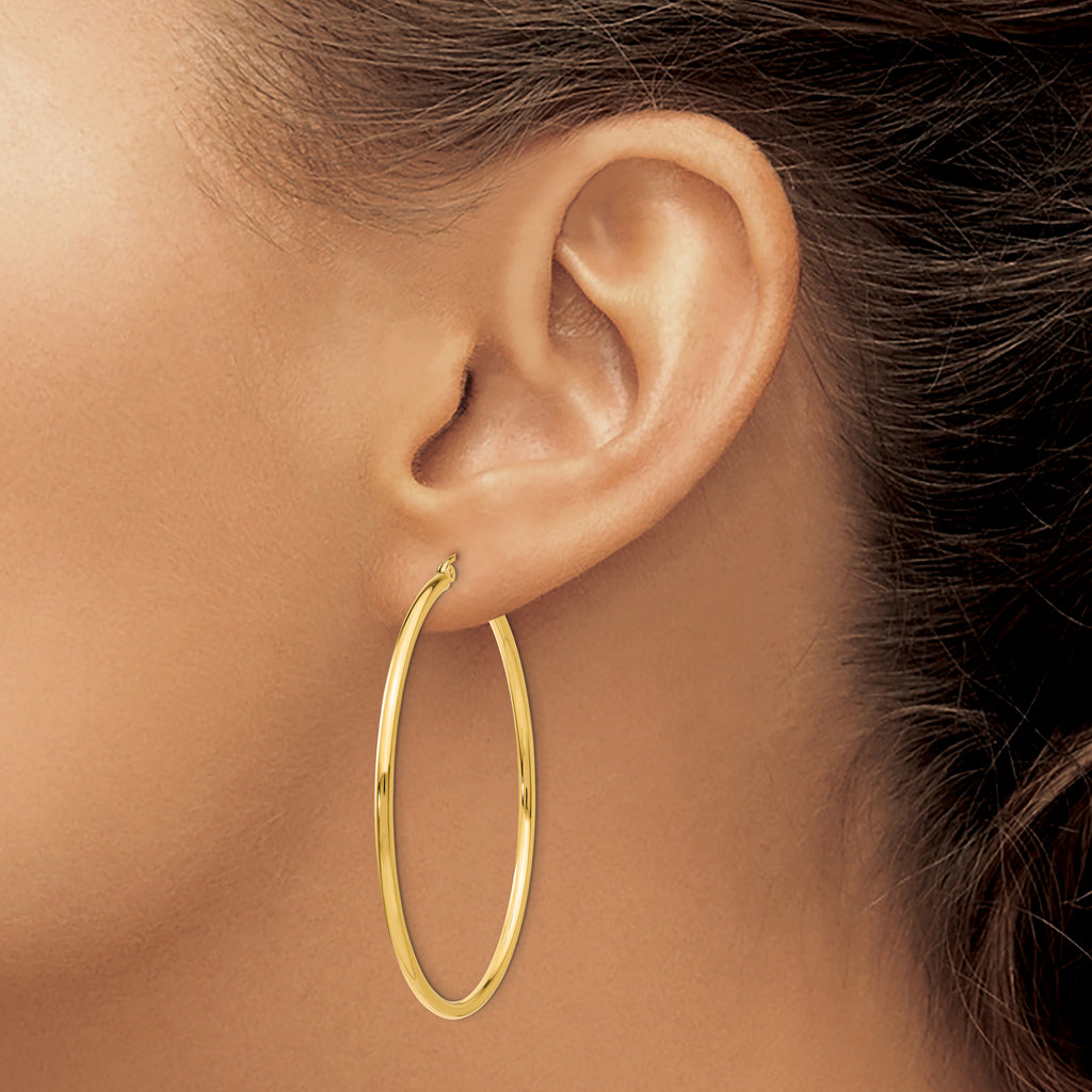 Quality Gold 14k Polished 2x50mm Lightweight Tube Hoop Earrings