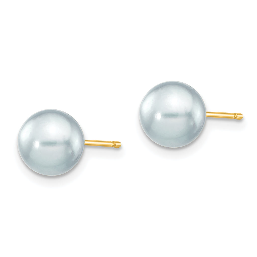 Quality Gold 14k 7-8mm Round Grey Saltwater Akoya Cultured Pearl Stud Post Earrings