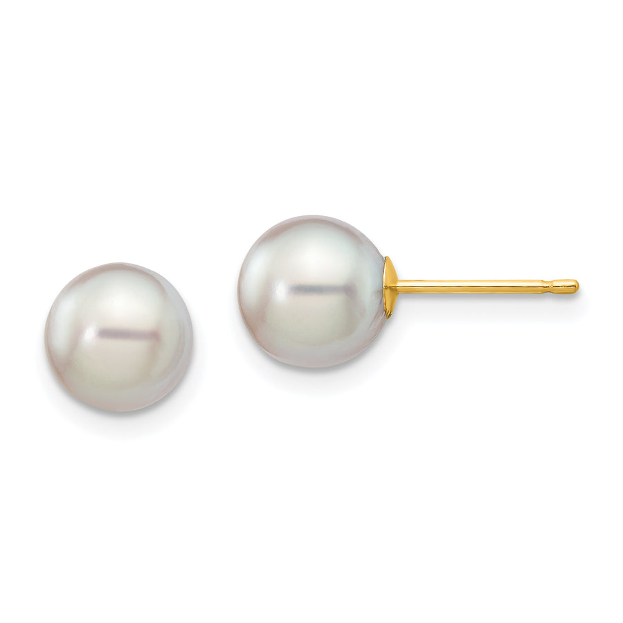 Quality Gold 14k 7-8mm Round Grey Saltwater Akoya Cultured Pearl Stud Post Earrings