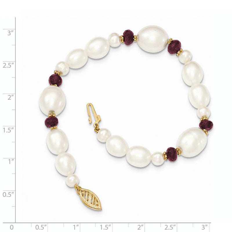 Quality Gold 14K White Freshwater Cultured Pearl Faceted Garnet Bead Bracelet