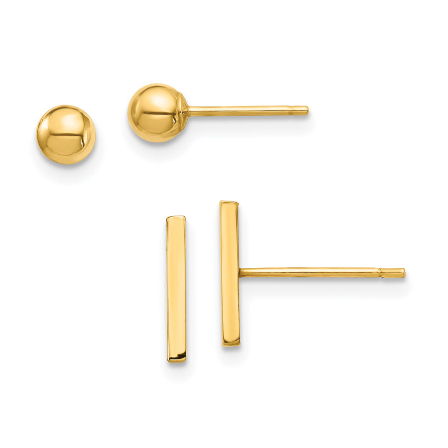 Quality Gold 14K Bar and 3mm Ball Post Earrings Set